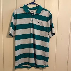 Large Teal and Grey Striped Nike Polo.
